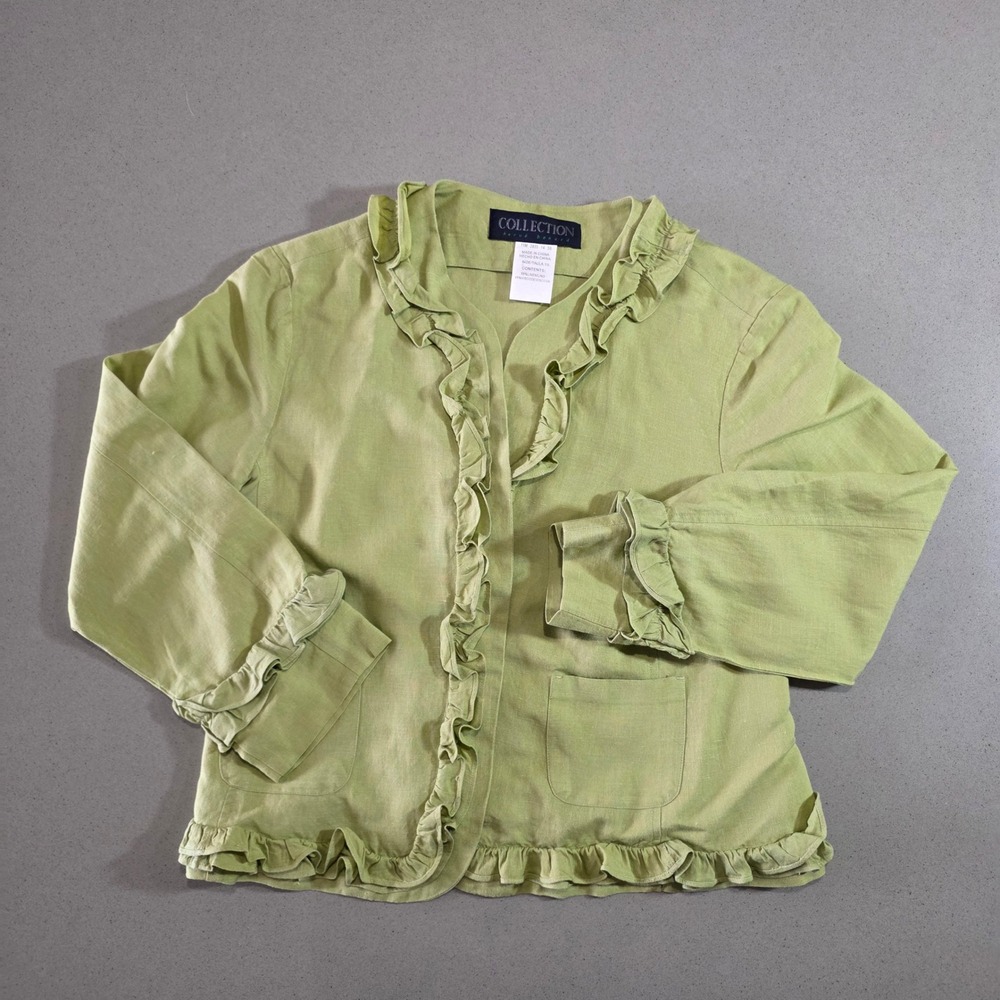 Herve Benard Collection Lime Green Ruffle Linen Blend Open Front Jacket Size 10